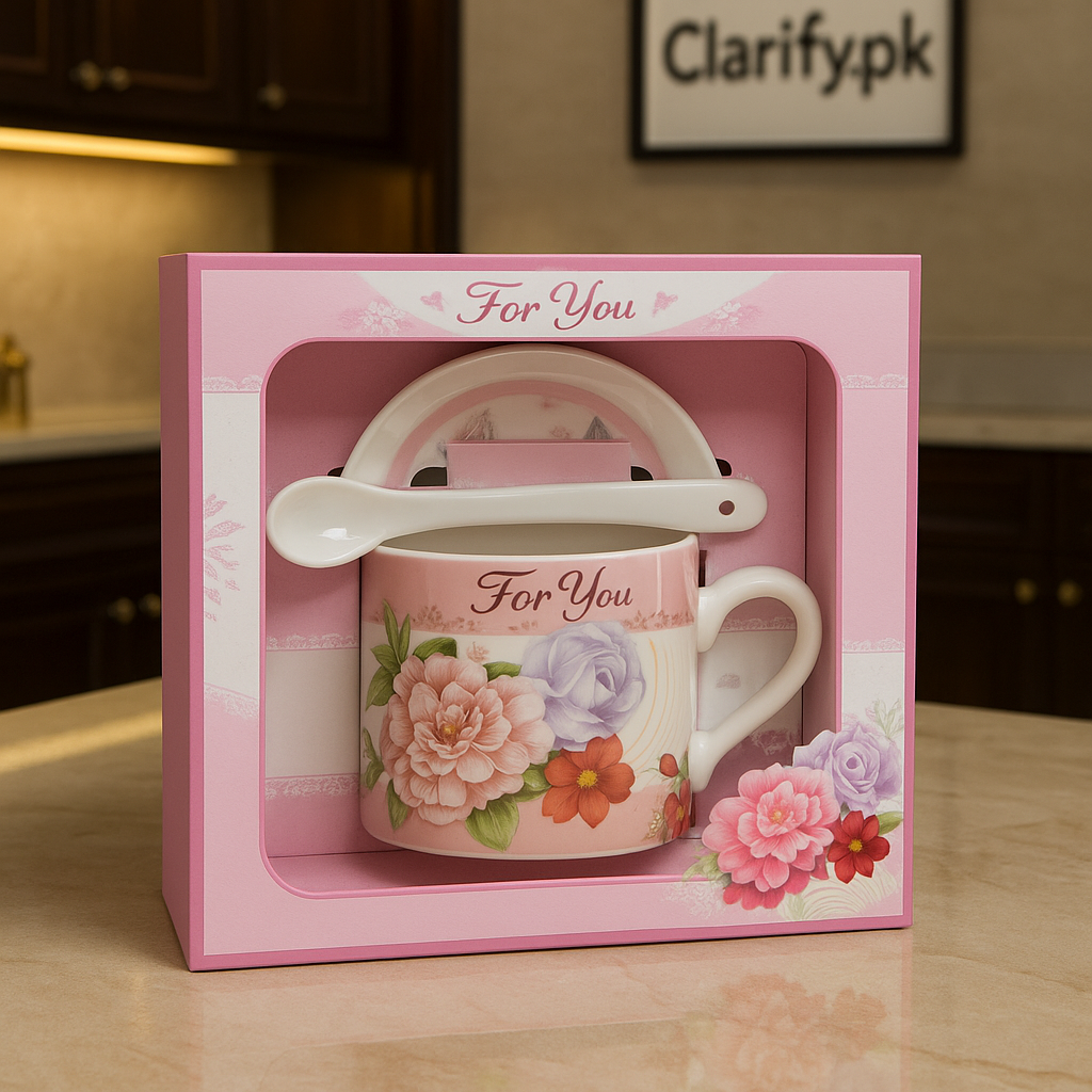 Ceramic 3-Piece Gift Set – Cup, Saucer & Spoon Floral “For You” Edition