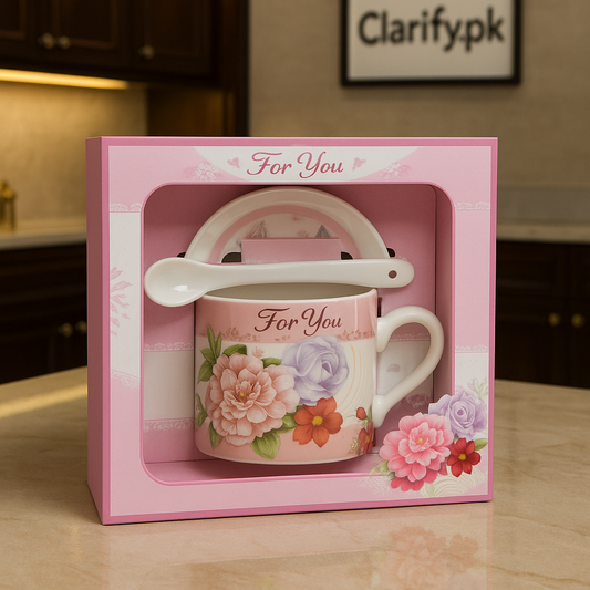 Ceramic 3-Piece Gift Set – Cup, Saucer & Spoon Floral “For You” Edition