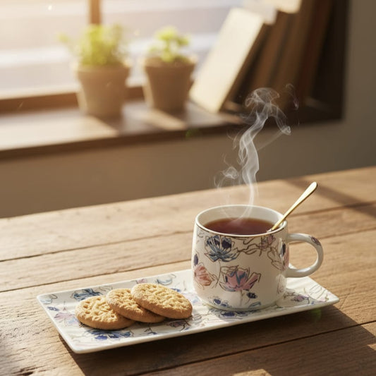 Premium Ceramic Tea Cup with Plate - Floral Design Serving Set