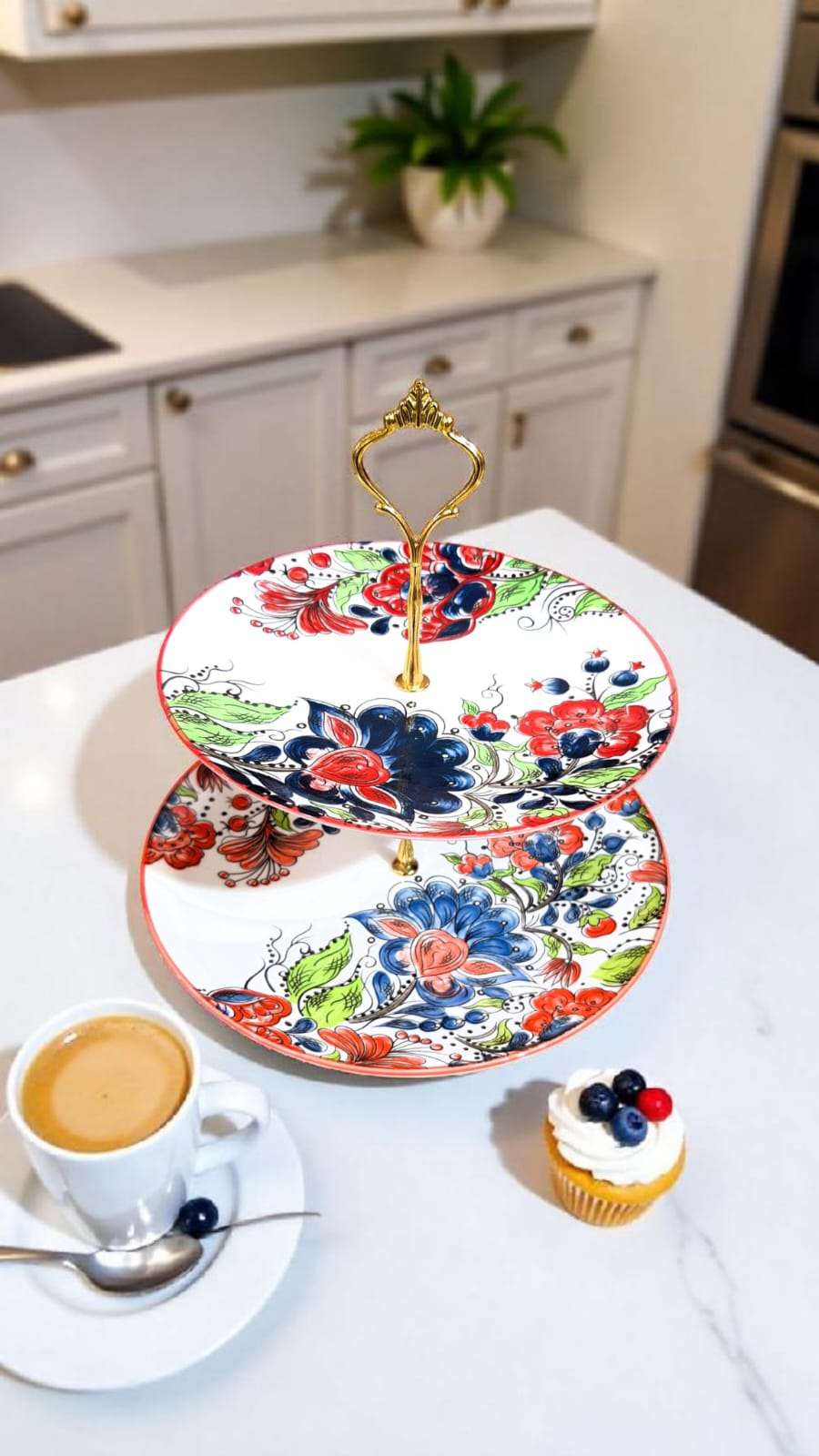 Luxury 2-Tier Ceramic Stand – Red & Blue Floral Design