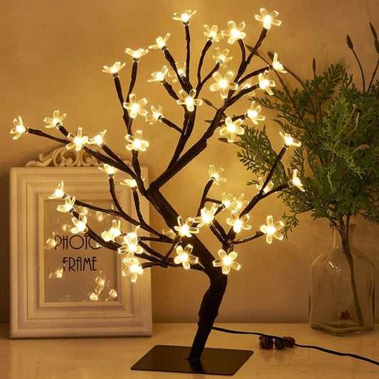24 LED night light table lamp shaped like a glowing flower tree with warm white lights on a black stand
