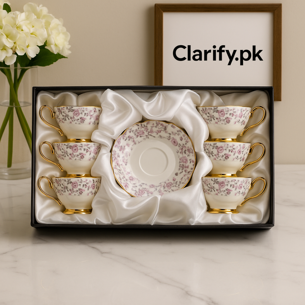 Ceramic 6 Pcs Cup & Saucer Set – Elegant Pink Floral Gold Handle Design
