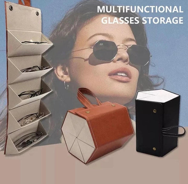 Foldable 5-Slot PU Leather Eyewear Travel Organizer, Multi-Sunglasses and Eyeglasses Display Storage Case for Men and Women.