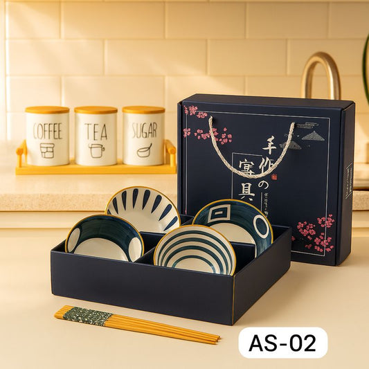 Japanese Ceramic Bowl Set of 4 with Chopsticks – Oriental Blue Blossom Print