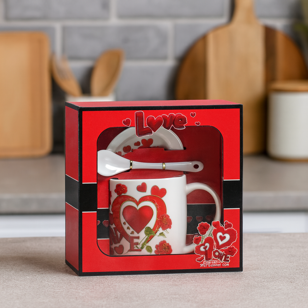 Ceramic 3-Piece Gift Set – Cup, Saucer & Spoon Red “Love” Edition