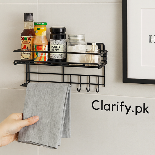 Wall-Mounted Kitchen Shelf with Hooks & Soap Dish – Space-Saving Organizer