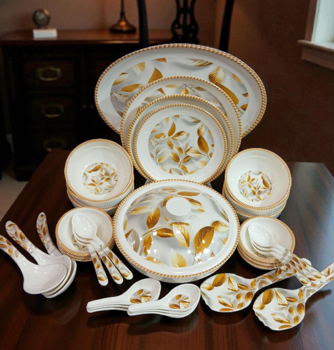 Premium 54 PCS Melamine Dinner Set - Golden Leaf Edition