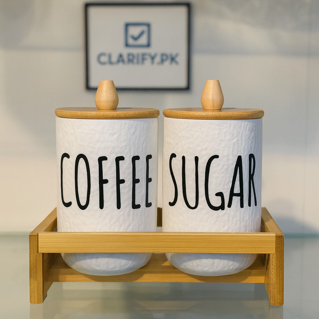 Modern Ceramic Jar Set – Coffee & Sugar Containers with Bamboo Tray
