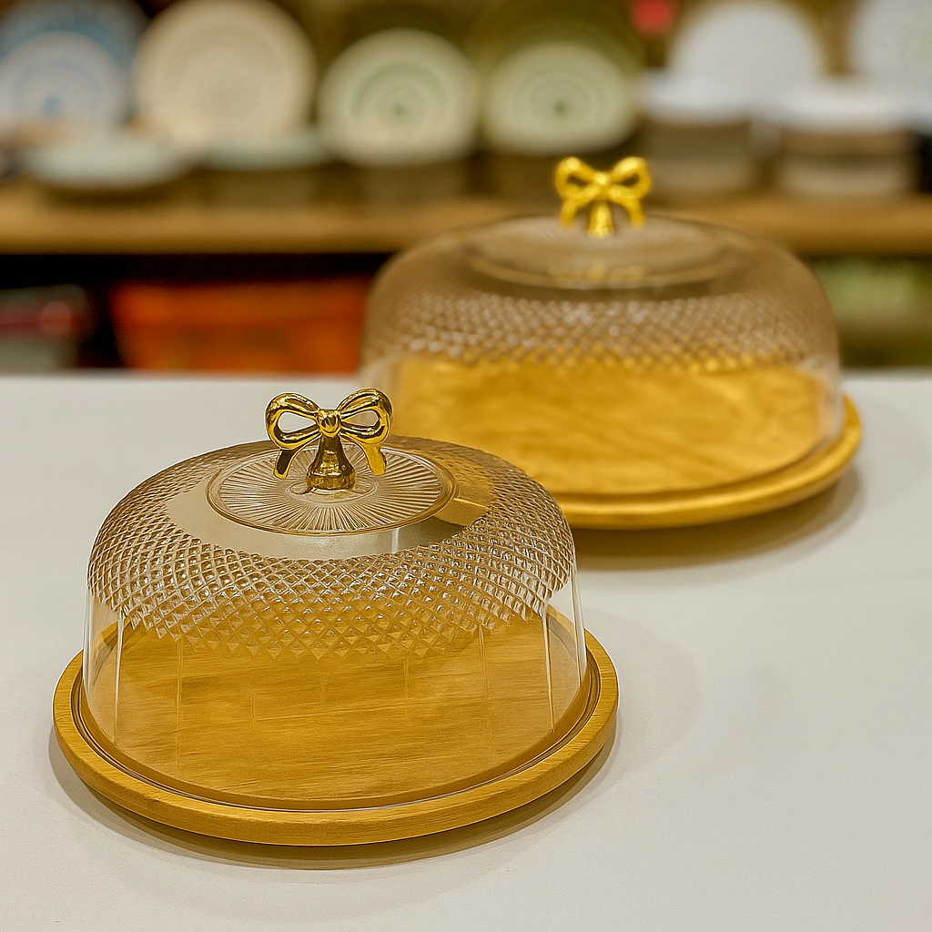 Cake Dish with Acrylic Cover – Bamboo Wooden Base