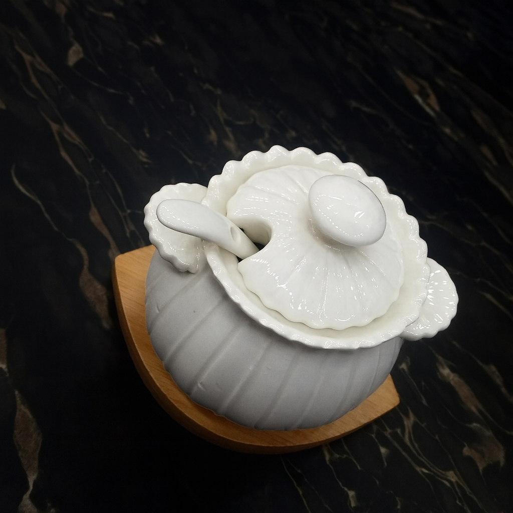 Ceramic Sugar Pot with Spoon & Wooden Base – Spice Jar