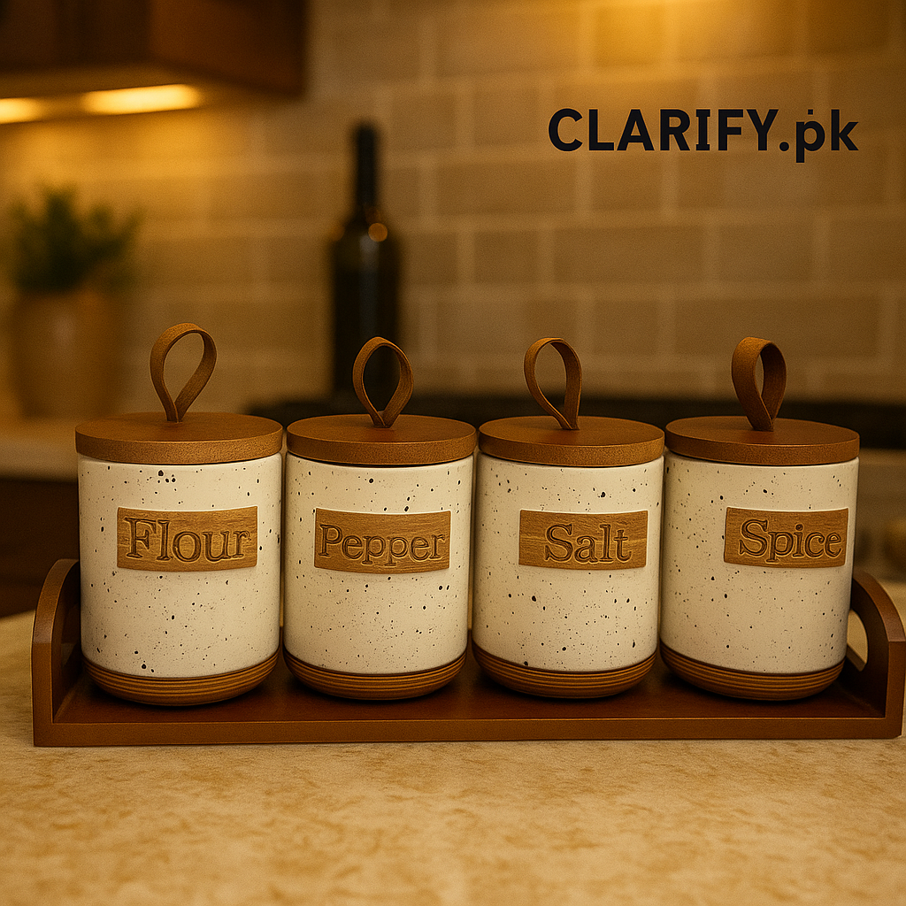 Rustic 4 Pcs Ceramic Jar Set with Wooden Tray