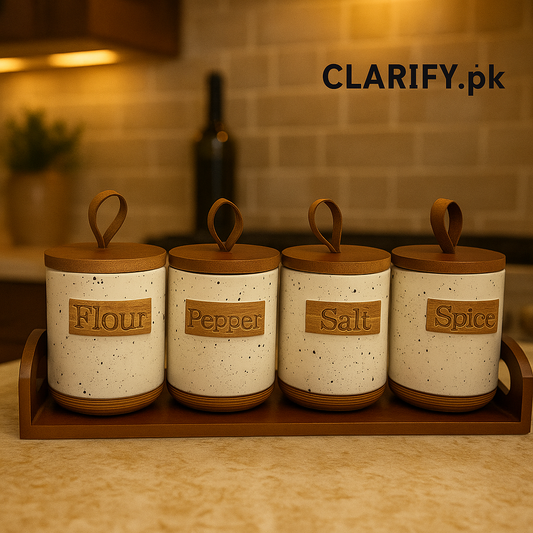 Rustic 4 Pcs Ceramic Jar Set with Wooden Tray