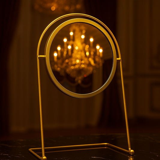 Metal Golden Circular Stand Mirror – Elegant Desk Vanity