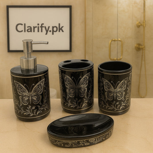 4-Piece Luxury Bathroom Set – Black Ceramic with Silver Butterfly