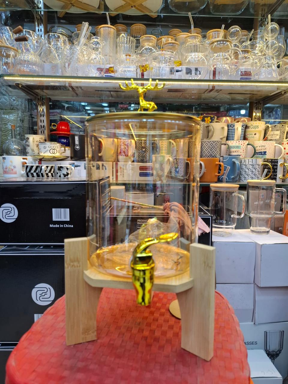 Round Glass Beverage Dispenser - Golden Tap & Wooden Stand