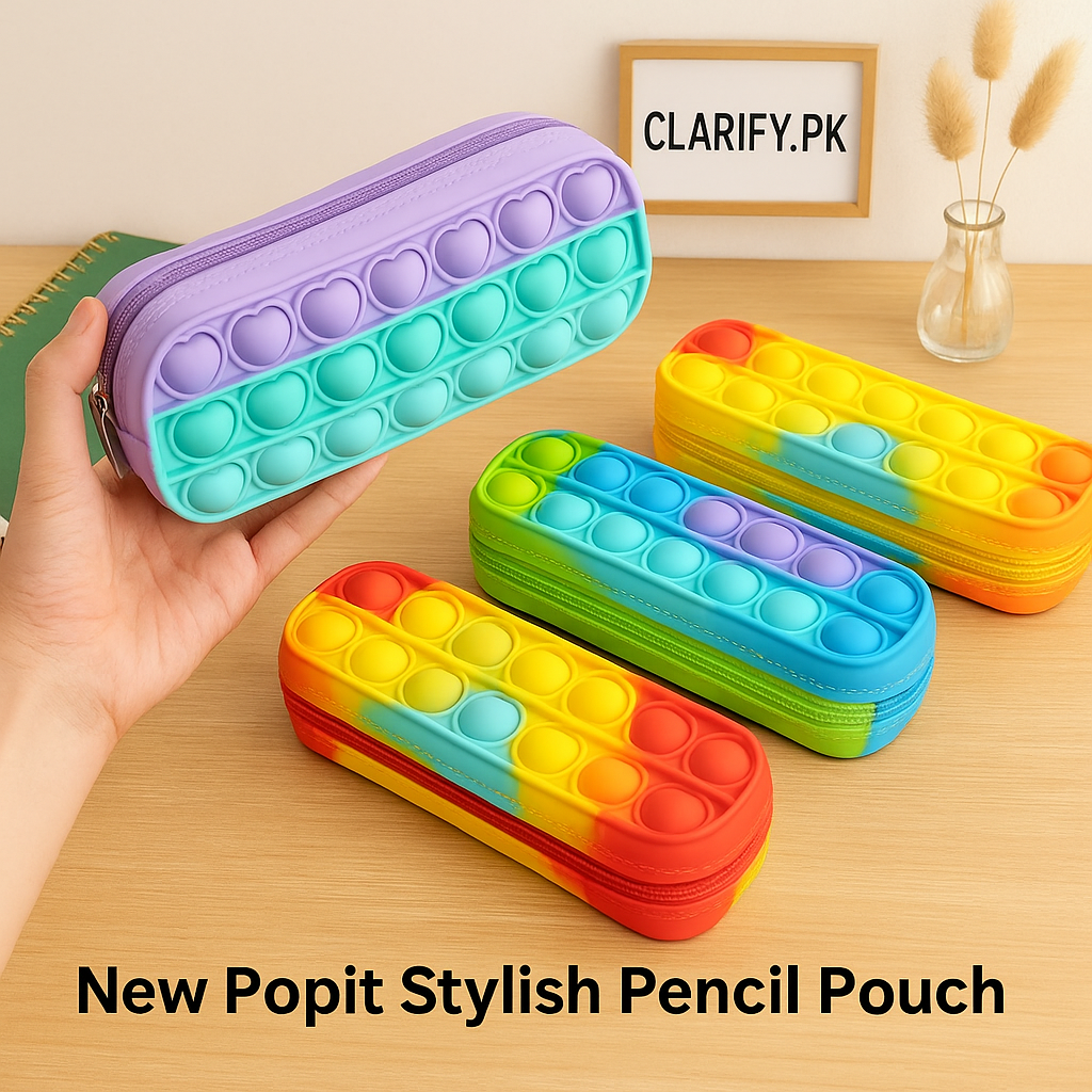 Popit Stylish Pencil Pouch – 3 Rows Trendy Multipurpose Stationery Case (Random)