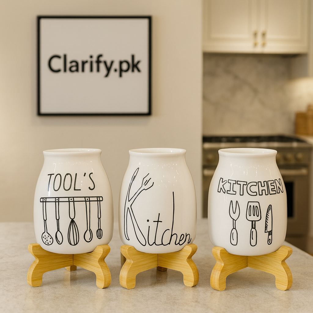 3 Pcs Ceramic Kitchen Storage Jar Set with Wooden Stand