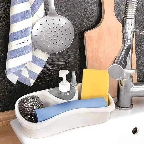 Clarify 3 in 1 dish soap dispenser with sponge holder and scrubber on kitchen sink countertop