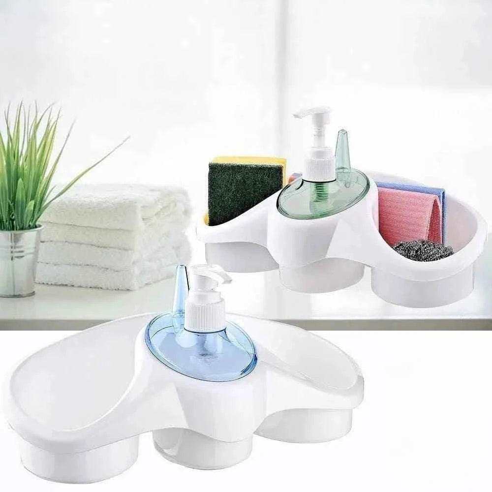 Clarify 3 in 1 dish soap dispenser with sponge and scrubber holders in white with colored pump tops