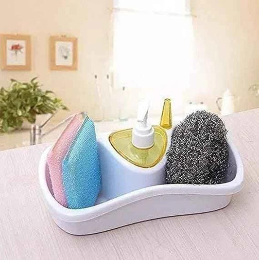 Clarify 3 in 1 dish soap dispenser with sponge holder and scrub brush in white kitchen countertop