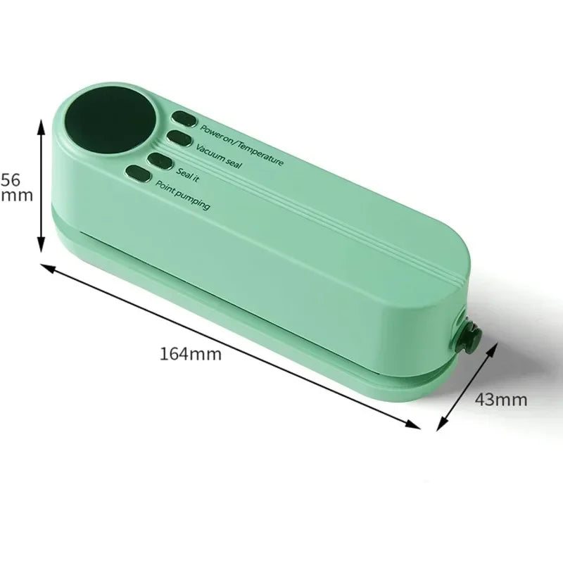 Compact 3-in-1 electric vacuum sealing machine in green with power and sealing buttons