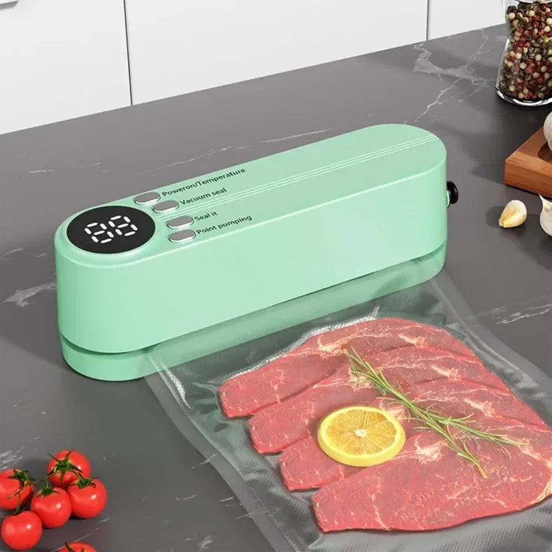 Clarify.pk 3-in-1 electric vacuum sealing machine in mint green vacuum sealing raw meat with lemon and herbs