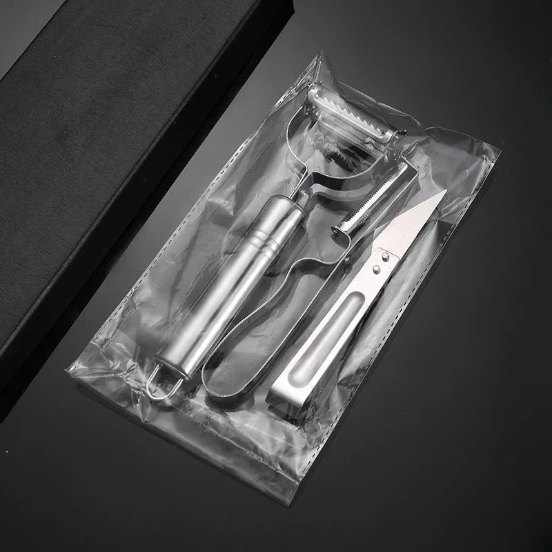 Clarify pk 3 in 1 kitchen peeler and grater set with stainless steel blades and handles in clear plastic packaging