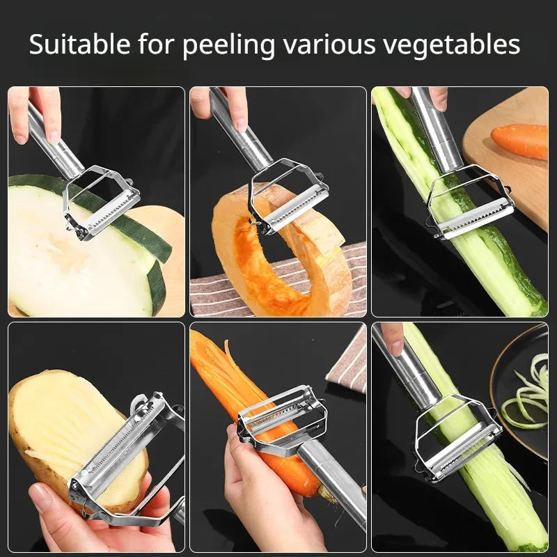 3 in 1 kitchen peeler and grater by Clarify.pk peeling and grating various vegetables like cucumber carrot and potato