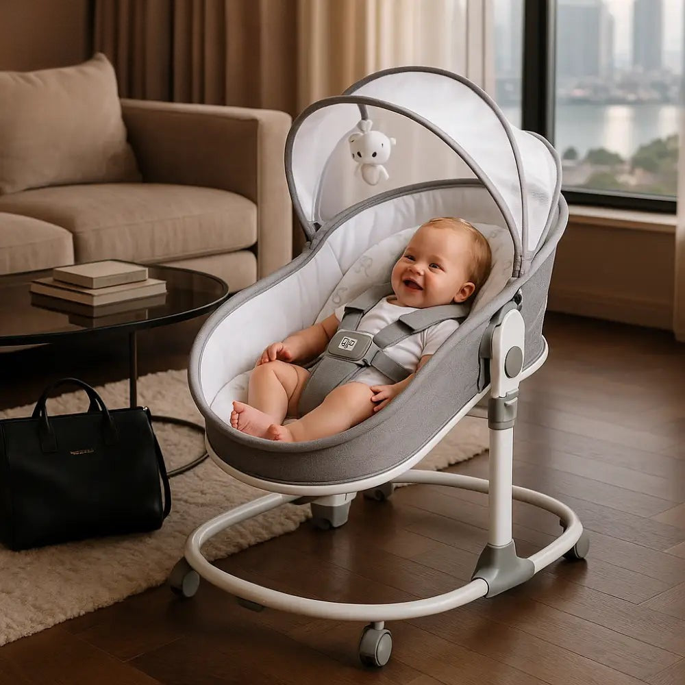 Happy baby sitting in a gray 3-in-1 Luxury Baby Rocker & Bassinet with canopy in living room