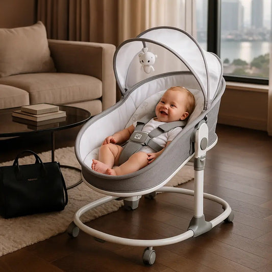 Happy baby sitting in a gray 3-in-1 Luxury Baby Rocker & Bassinet with canopy in living room