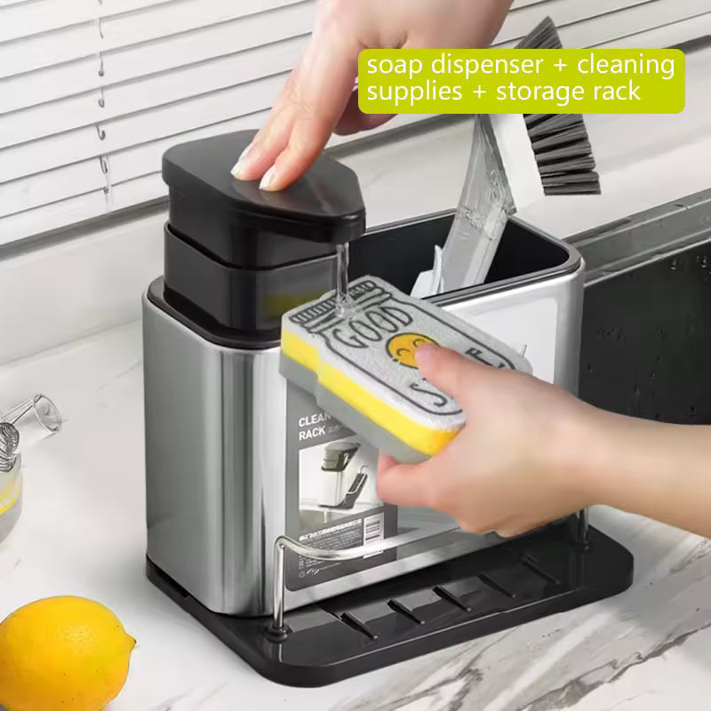 Clarify.pk 3-in-1 sponge holder for sink with soap dispenser, cleaning supplies, and storage rack