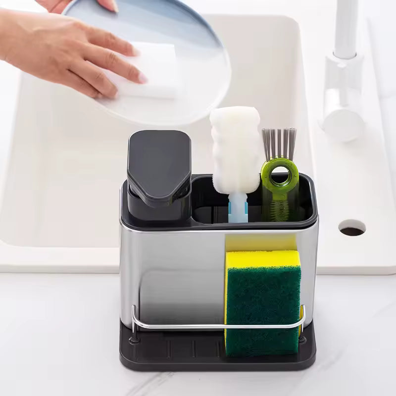 3-in-1 sponge holder for sink with compartments for brushes and soap dispenser near kitchen sink