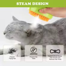 3 in 1 steam brush for cats and dogs grooming gray cat being brushed with steam brush