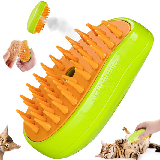 3 in 1 steam brush for cats and dogs in green and orange used for pet grooming and fur removal