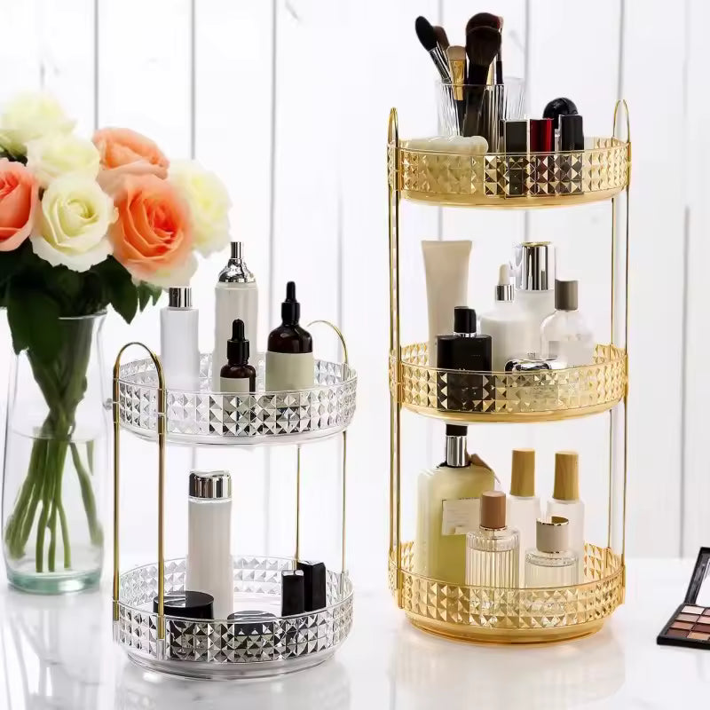 Elegant 3 layer cosmetic organizer rack in gold and silver holding makeup and skincare products