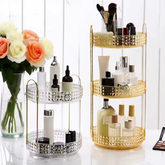 Elegant 3 layer cosmetic organizer rack in gold and silver holding makeup and skincare products