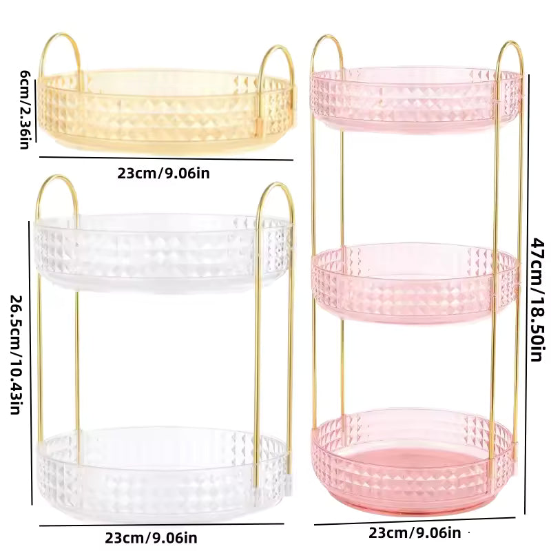 Clarify.pk 3 layer cosmetic organizer rack with pink transparent trays and gold metal frame