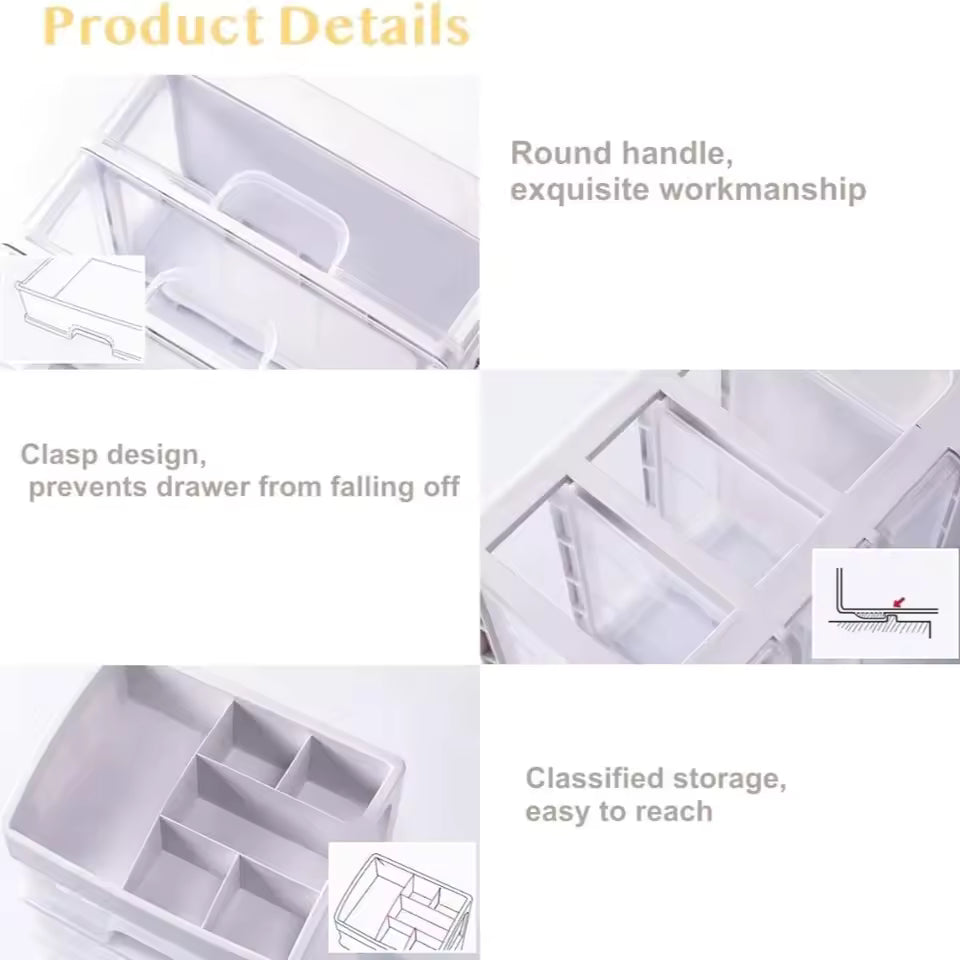 3 layer cosmetic storage case with round handle, clasp design, and classified compartments for easy organization