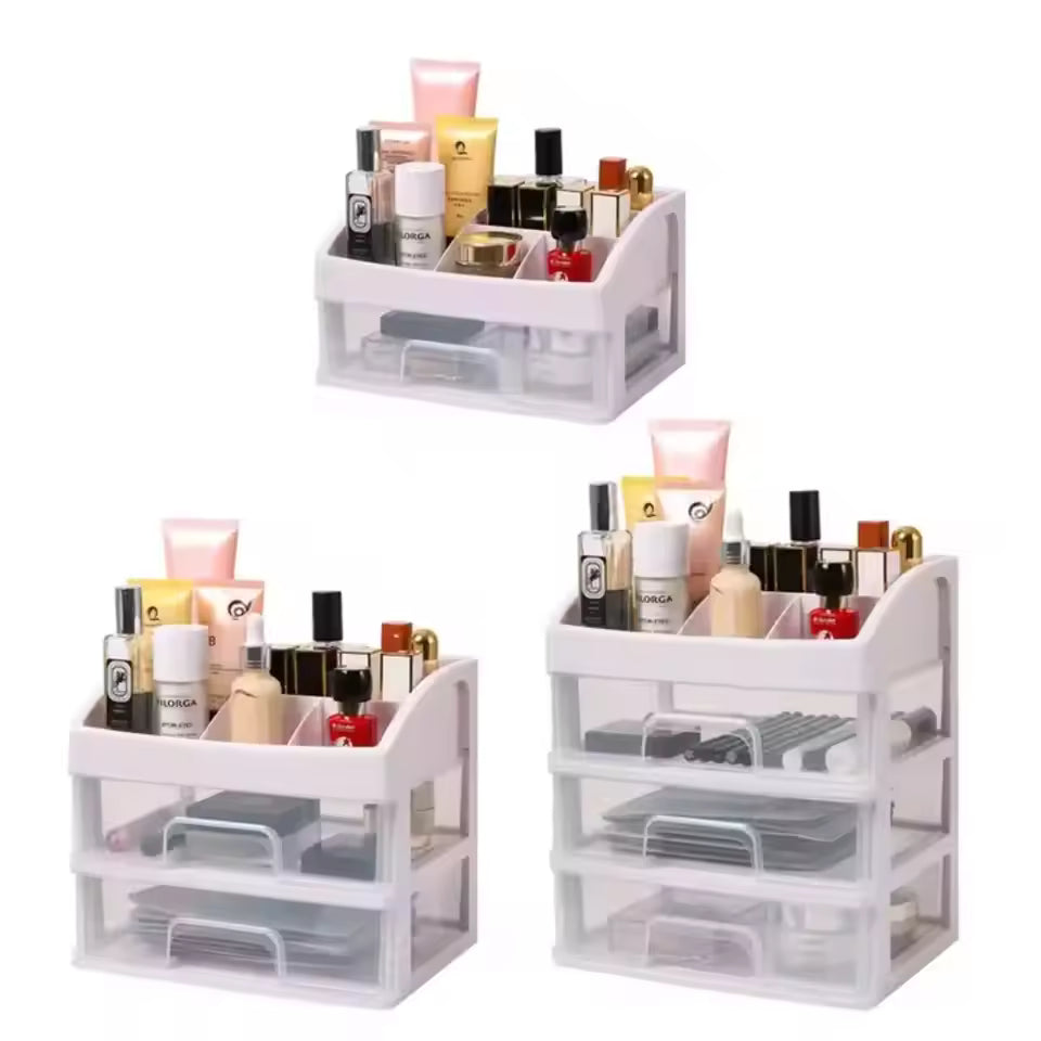 Clarify.pk 3 layer cosmetic storage case with multiple compartments holding skincare and beauty products