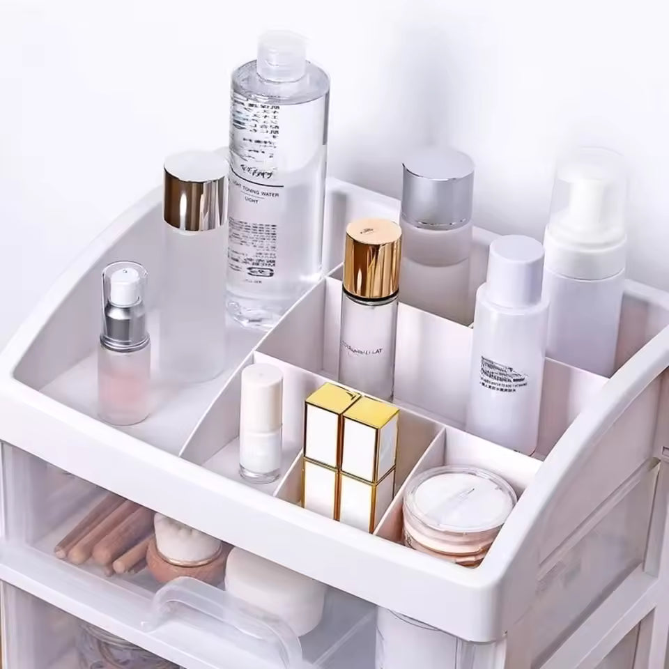 3 layer cosmetic storage case by Clarify.pk holding various skincare and makeup products neatly