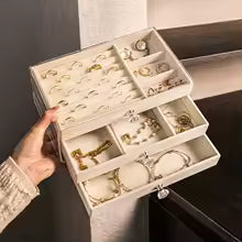 Clarify.pk 3 layer jewelry organizer with multiple compartments holding rings bracelets and necklaces