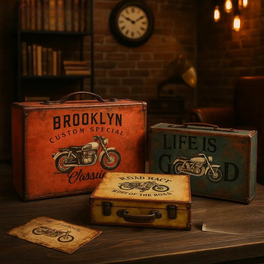 Clarify.pk 3 piece vintage luggage set featuring classic motorcycle designs in varied colors