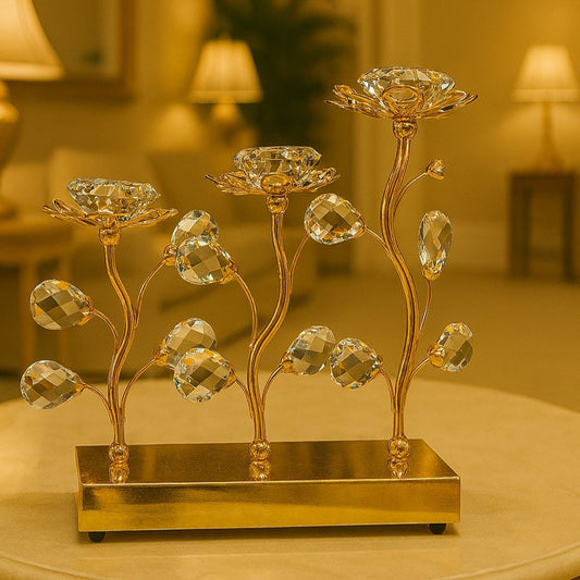 Elegant 3 pieces crystal candle stand with gold base and decorative crystal leaves from Clarify.pk