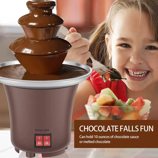 3 tier chocolate fountain for parties with melted chocolate flowing and a child enjoying fruit dipped in chocolate