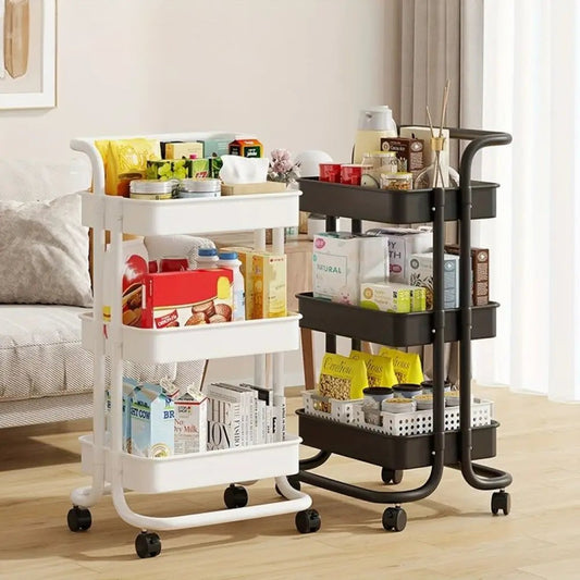 Clarify.pk 3 tier folding metal cart with wheels in black and white for kitchen or storage organization