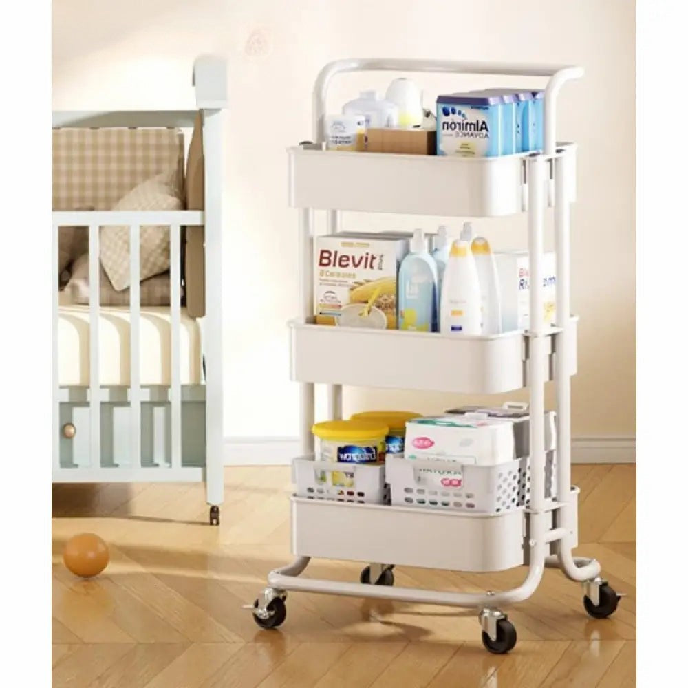 3 tier folding metal cart with wheels holding various baby care products in a nursery room