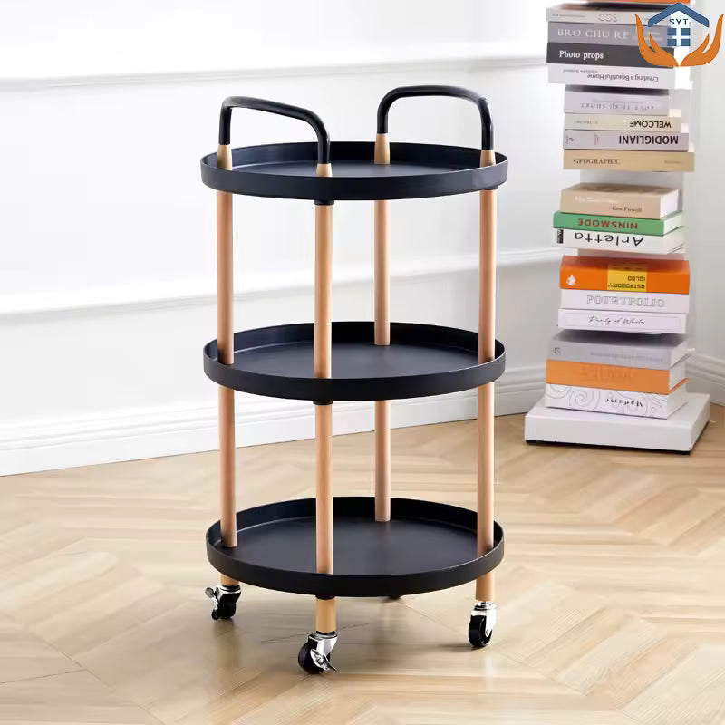 Clarify.pk black and gold 3 tier rotating cart with wheels for home furniture storage and organization