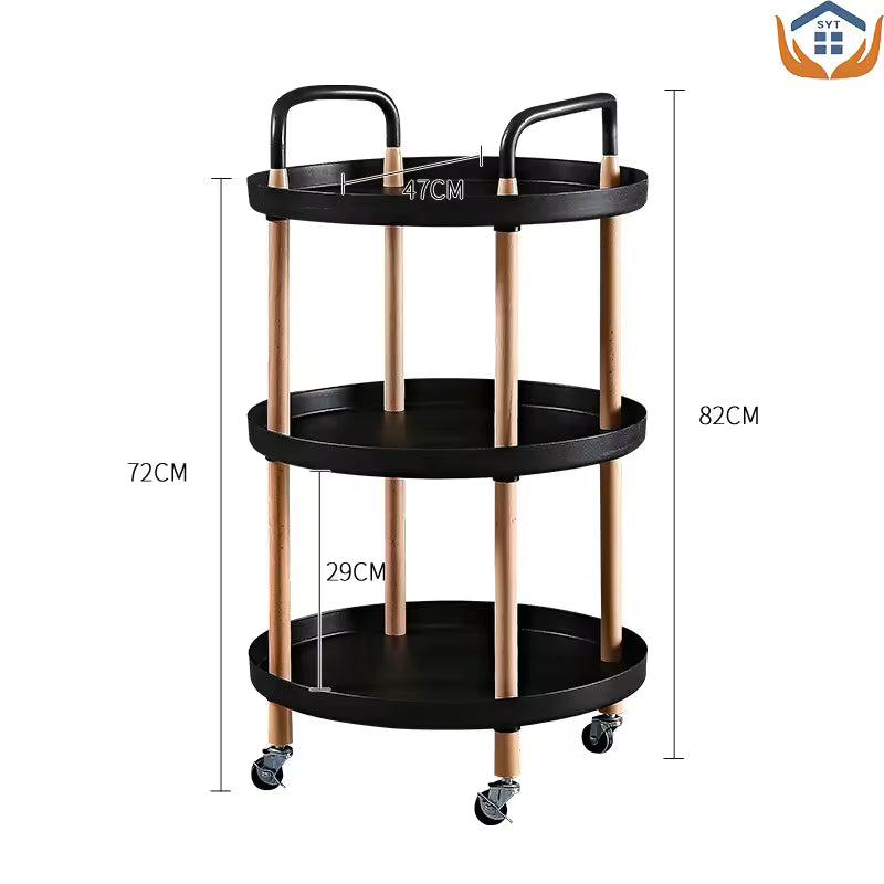 Clarify.pk 3 tier rotating cart with black shelves and gold legs on caster wheels for home furniture