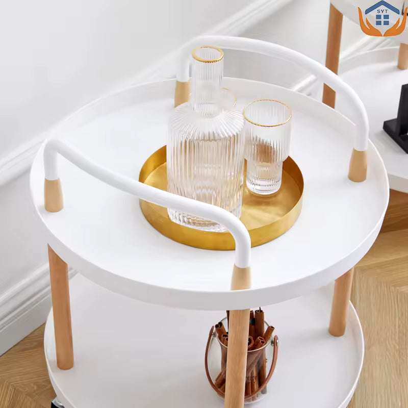 Clarify.pk white and wood 3 tier rotating cart with glassware and tray in modern home setting