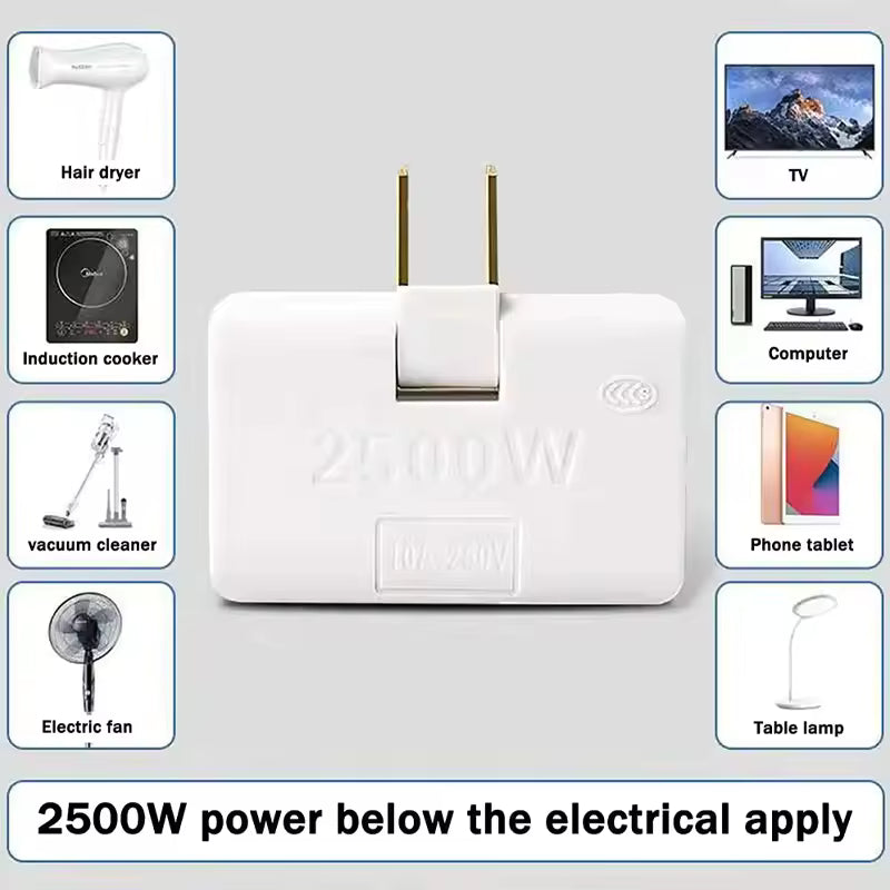 White 3 way flat plug adapter with 2500W power for hair dryer, TV, computer, and other devices